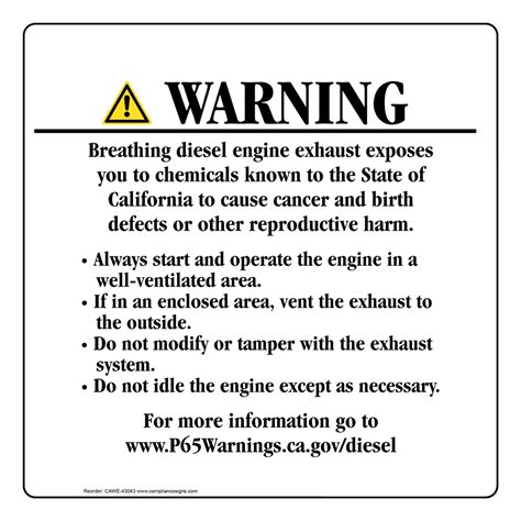 Diesel Engine Exhaust Diesel Warning Sign Ca Prop 65 Us Made