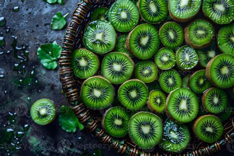 fresh green kiwi slices  wicker basket healthy eating  food
