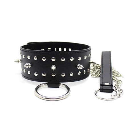 Pu Leather Rivets Neck Collars With Chain Fetish Sandm Slave Bdsm Bondage