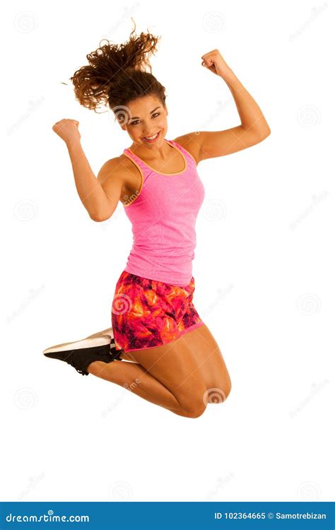 Active Excited Fit Woman Jumps Over White Background Stock Image