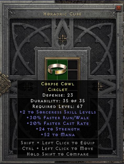 Circlet 2 Sorc 20 Fcr 30 Frw 24 Str 52 Mana 0 Sox Topic D2jsp