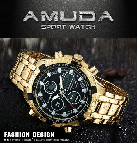 Fashion Watches Men Luxury Brand Amuda Gold Golden Watches Men Sports Quartz Watch Dual Time