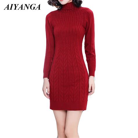 2018 Women Elasticity Knitted Dress Female Turtleneck Sweaters Dress