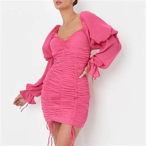 Missguided Chiffon Puff Sleeve Ruched Mini Dress Hot Pink