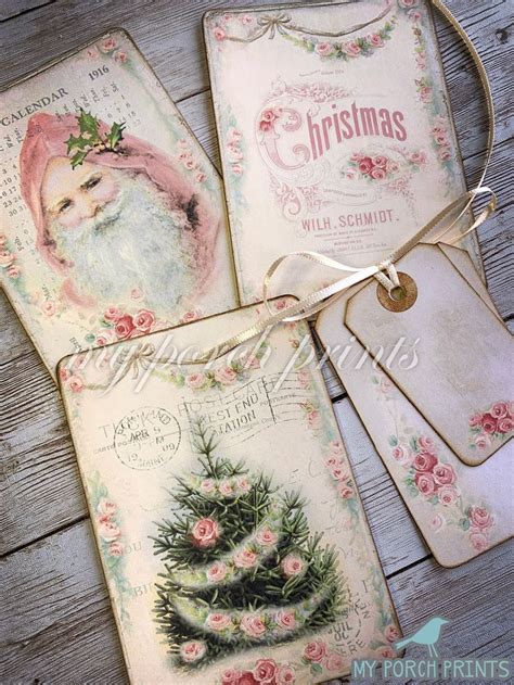 Shabby Pink Christmas Card Junk Journal Ephemera Tag Christmas