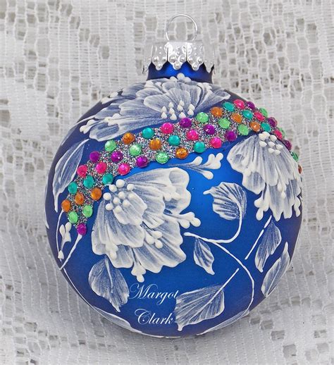 Rich Blue Textured Floral Design Ornament With Bling 484 By