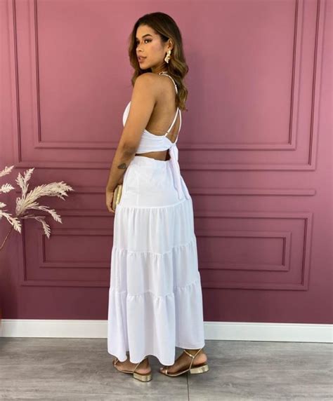 Conjunto Feminino Cropped E Saia Branco Fernanda Ramos Store