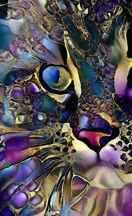 Merry Purple Cat Mix Media On Panel Digital Arts By L Roche