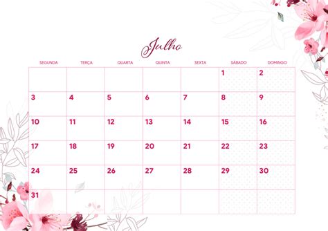 Calendario Floral Rosa Julho Fazendo A Nossa Festa