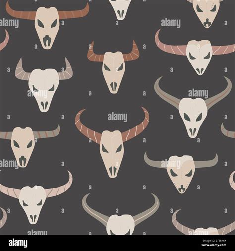 Western Cow Bull Skulls Ethnic Seamless Vector Pattern Wild West Dark