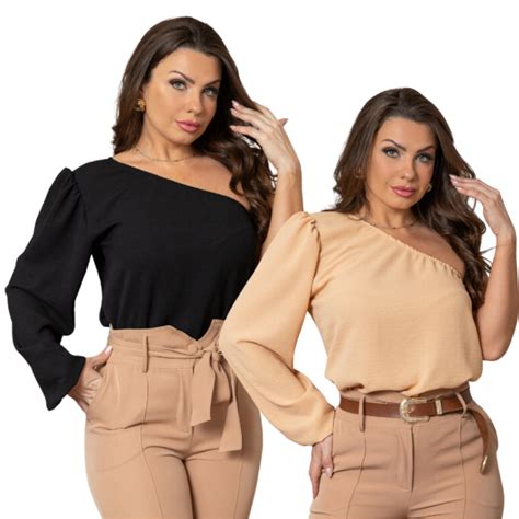 Kit De 2 Blusas Femininas Um Ombro Mula Manca Em Alta Shopee Brasil