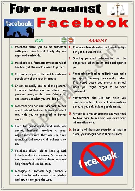 For Or Against Facebook Debating Esl Worksheet By Karagozian