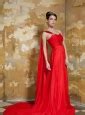 Red Empire One Shoulder Watteau Train Elastic Woven Satin And Chiffon