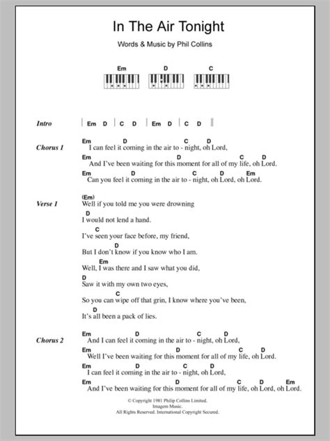 In The Air Tonight Sheet Music Phil Collins Lyrics Piano Chords