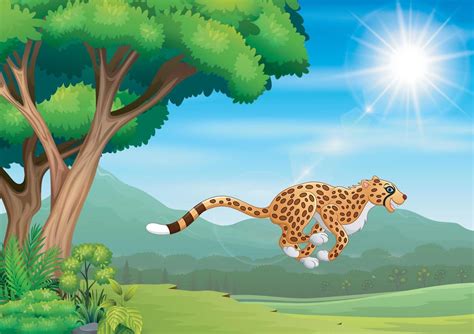 Cartoon cheetah jumping in the nature landscape 6133011 Vector Art at ...