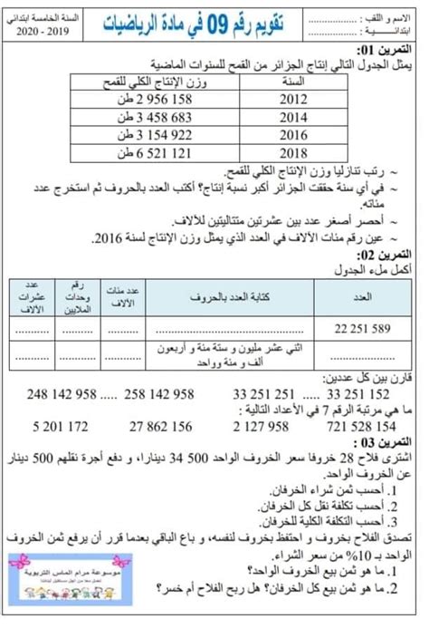 تقويم في مادة الرياضيات السنة الخامسة 5 ابتدائي مع التصحيح