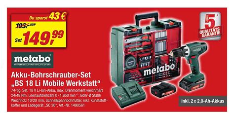 Metabo Akku Bohrschrauber Set „bs 18 Li Mobile Werkstatt Angebot Bei