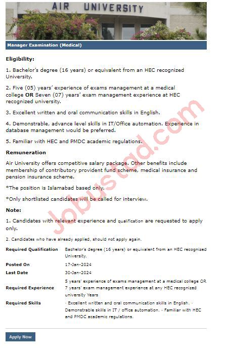 Latest Air University Islamabad Campus Jobs January 2024 Advertisement