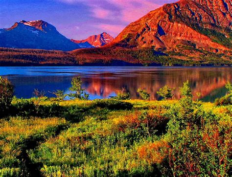 Mountain And Calm River Stream Red Colorful Shore Grass Sunny