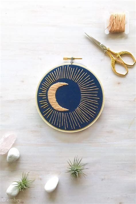 Crescent Moon Embroidery Hoop Boho Minimalist Dorm Decor Etsy Digital