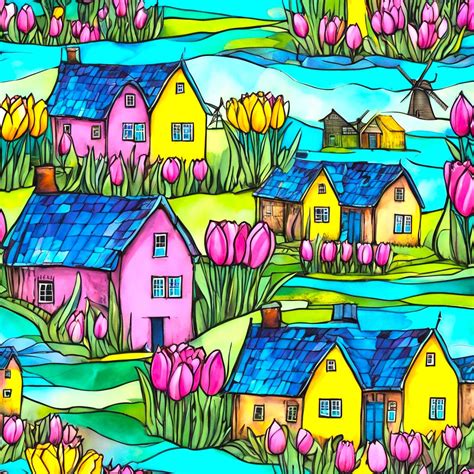 Solve Dutch Gable Houses Primitive Art Style Colourful Tulips Windmill