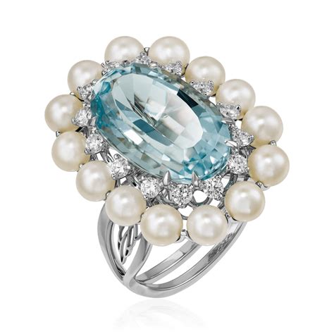Кольцо с аквамарином, жемчугом, бриллиантами из белого золота 750 пробы ...