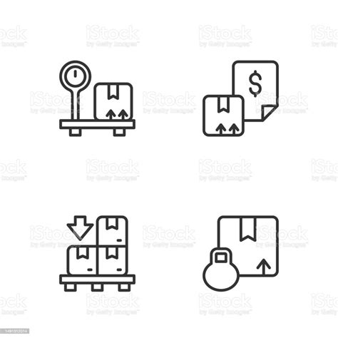 세트 라인 판지 골판지 상자 골판지 상자 팔레트 스케일 및 운송장 아이콘 벡터 검은색에 대한 스톡 벡터 아트 및 기타 이미지