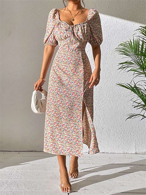 SHEIN Frenchy Vestido Con Estampado Floral Con Nudo Delantero De Muslo