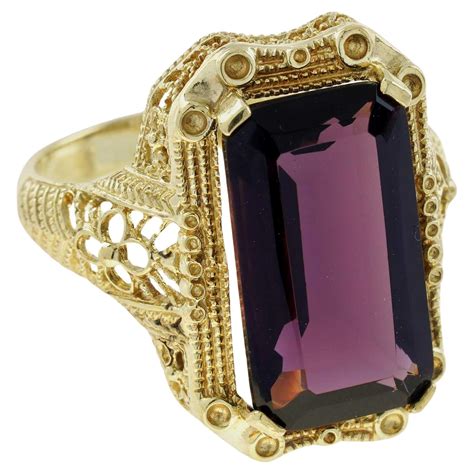 Natural Emerald Cut Amethyst Vintage Style Filigree Ring In Solid K