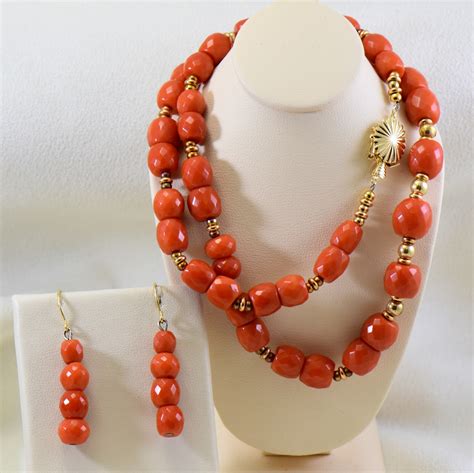 Mid Century Red Coral Bead Necklace And Earring Set Exquisite Jewelry