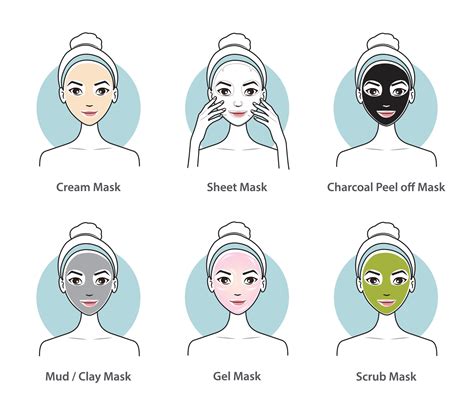 Different types of face mask set. Cute woman face with facial treatment ...