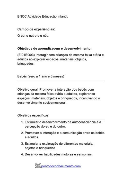 Plano De Atividades Bncc Ei Eo O Eu O Outro E O N S Interagir