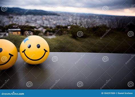 Two Yellow Smiley Faces Sitting On Top Of A Table Generative Ai Stock