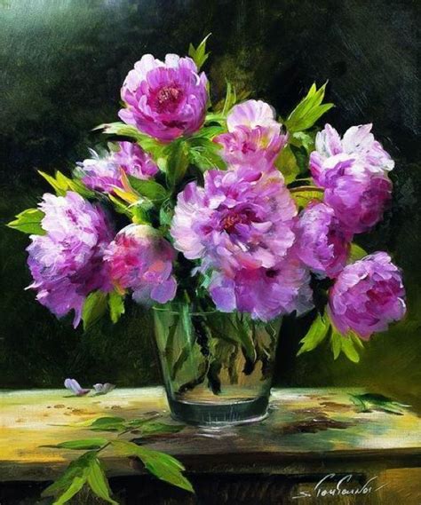 A Painting Of Purple Flowers In A Glass Vase