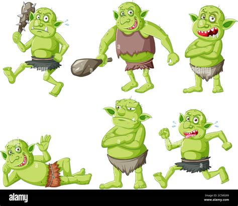 Conjunto De Goblin Verde O Troll En Diferentes Poses En Dibujos