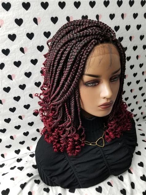 Handmade Box Braid Braided Lace Front Wig With Curly Ends Color 1b/bug ...