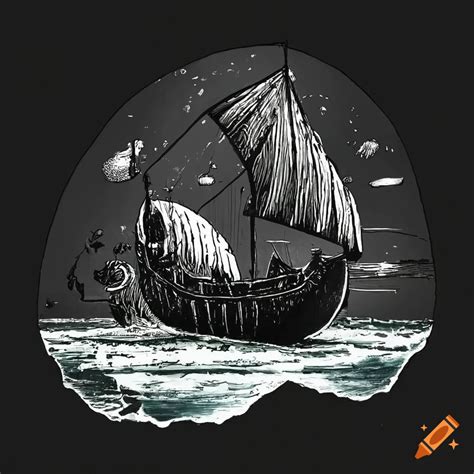 Black And White Ink Drawing Of A Wrecked Viking Ship On A Desolate