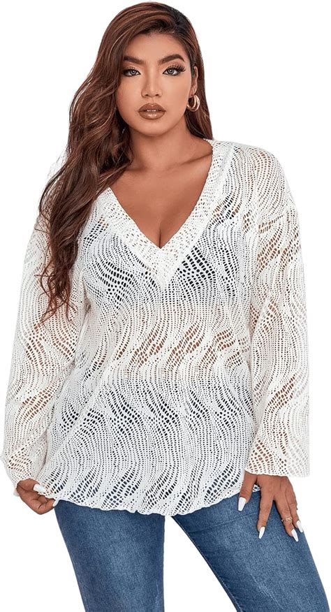 Oyoangle Women S Plus Size Sheer Hollow Out Long Sleeve Deep V Neck See