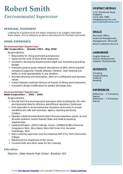 Environmental Supervisor Resume Samples Qwikresume