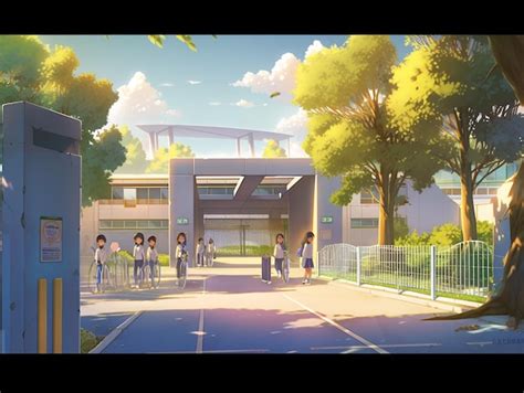 Premium AI Image | Anime scene of a school with a gate and a group of ...