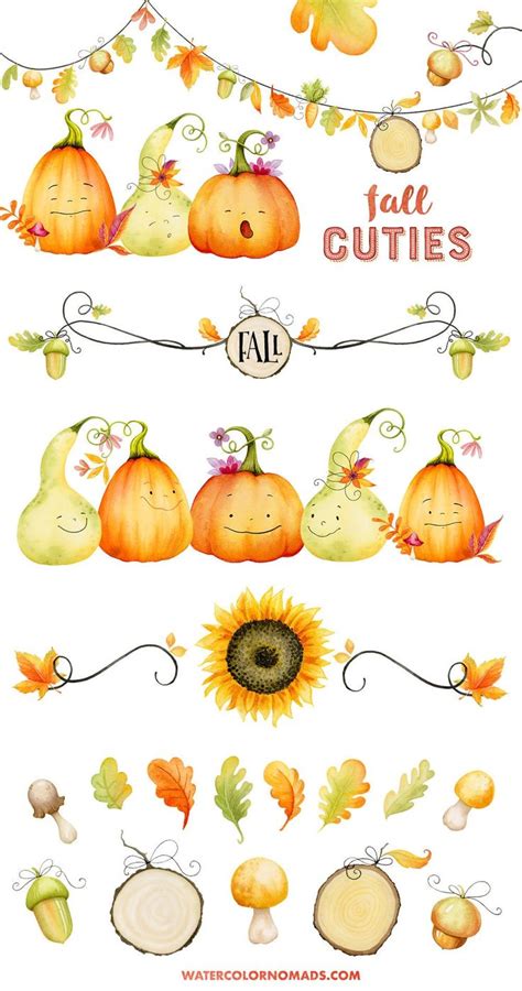 Watercolor Fall Cliparts With Pumpkins Leaves And Acorns