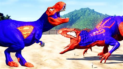 Superman T Rex Vs Indominus Rex Spiderman Super Hero Fighting Batman