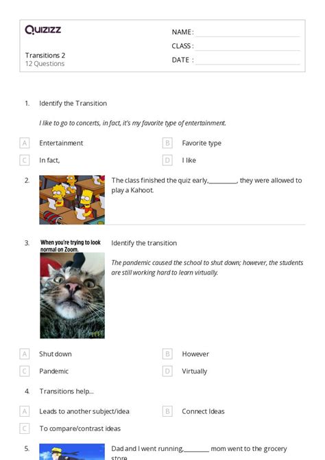 Transition Words Worksheets For Th Grade On Quizizz Free Printable