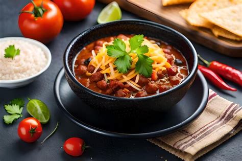 Premium AI Image | a bowl of chili with tomatoes and cheese