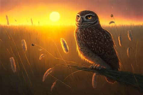 Premium Photo Owl Sitting In The Field With Beautiful Sunset In The