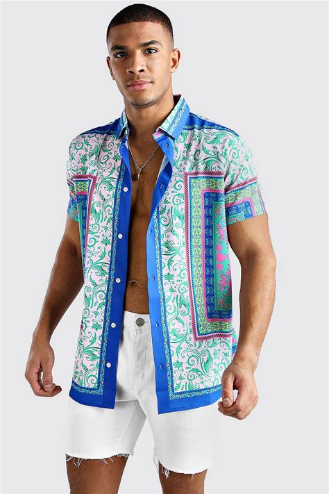 Short Sleeve Bright Baroque Print Shirt BoohooMAN USA Ropa Outfits