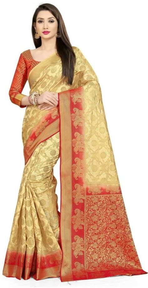 Buy Fabcartz Women Cream Red Woven Silk Blend Jacquard Saree Online