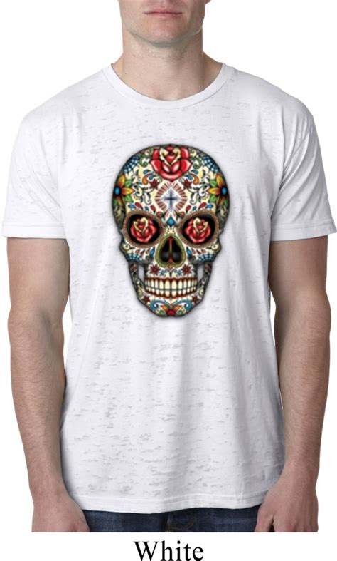 Mens Skull Shirt Sugar Skull With Roses Burnout Tee T Shirt Sugar