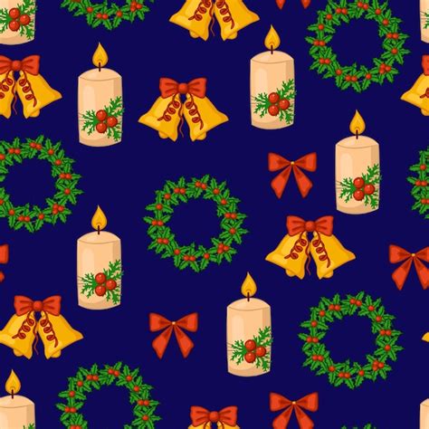 Premium Vector Seamless Christmas Pattern Wreaths Candles Bells On