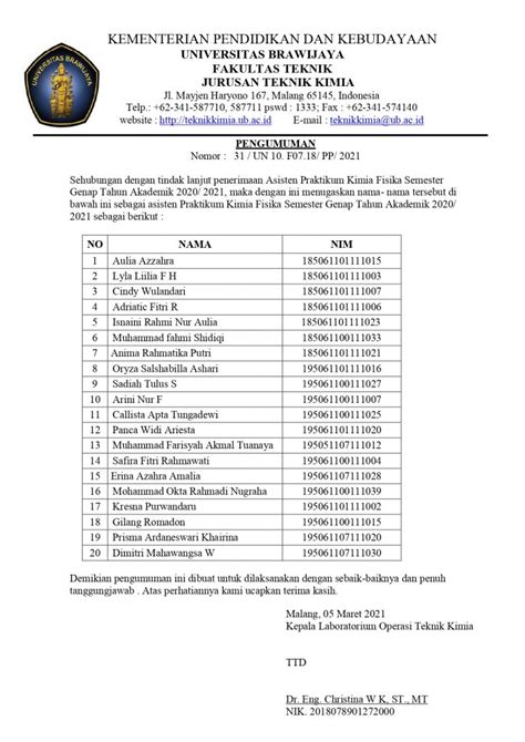 Daftar Asisten Praktikum Kimia Fisika Ta Laboratorium